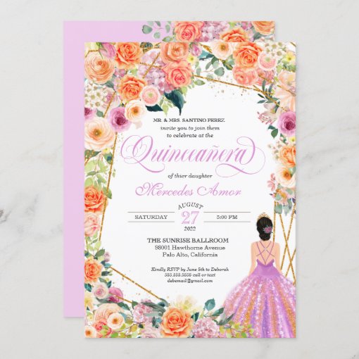 Lavender Orange Peach Floral Roses Quinceanera Invitation | Zazzle