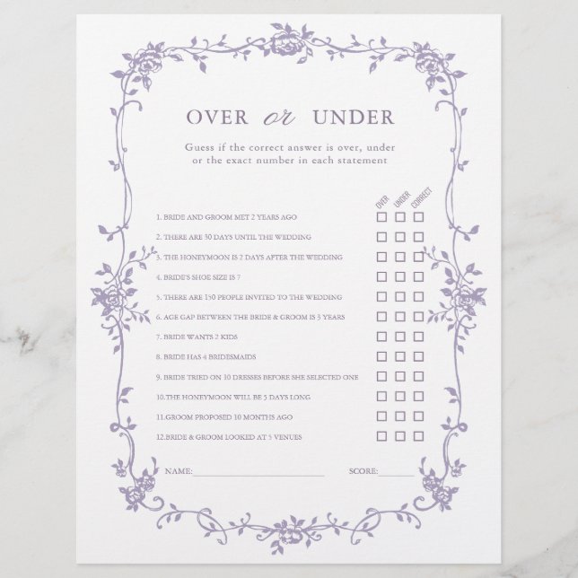 Lavender 'Over or Under' Bridal Shower Game (Front)