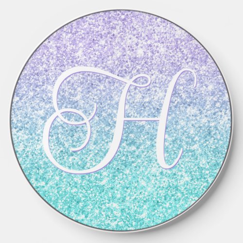 Lavender Pale Turquoise Glitter Gradient Monogram Wireless Charger