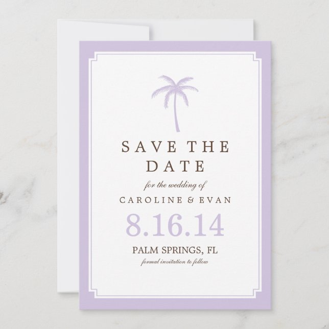 Lavender Palm Tree Wedding Save the Date (Front)