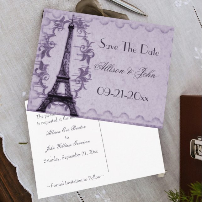 Lavender Paris Grunge Save The Date Postcard (Lavender Paris Grunge Wedding Save the Date)