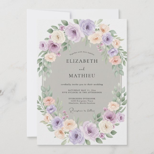 Lavender Pastel Blossom Wreath Wedding Invitation (Front)