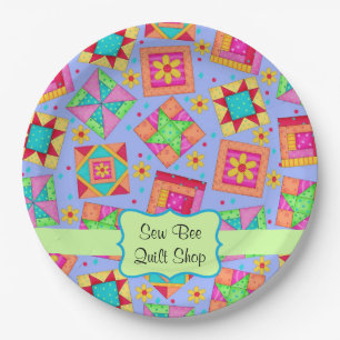 Lavender Patchwork Quilt Block Name Happy Birthday Paper Plates