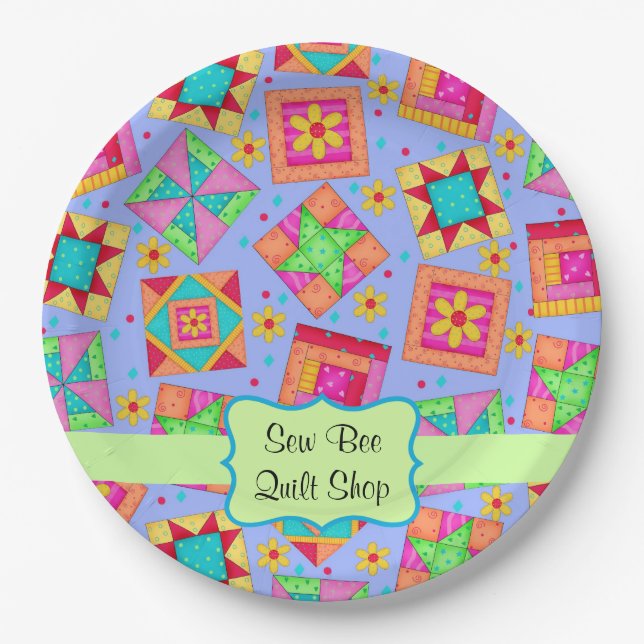 Lavender Patchwork Quilt Block Name Happy Birthday Paper Plates (Front)