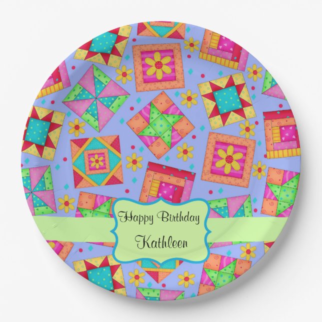 Lavender Patchwork Quilt Block Name Happy Birthday Paper Plates (Front)