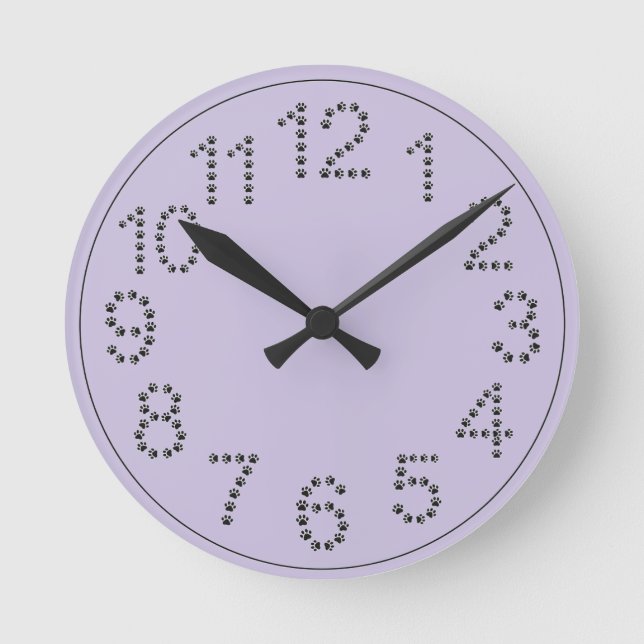 Lavender Paw Print Numbers Wall Round Clock (Front)