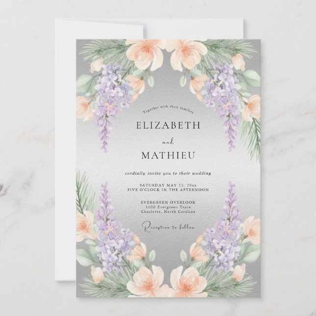 Lavender Peach Blossom Accent Wedding Invitation (Front)