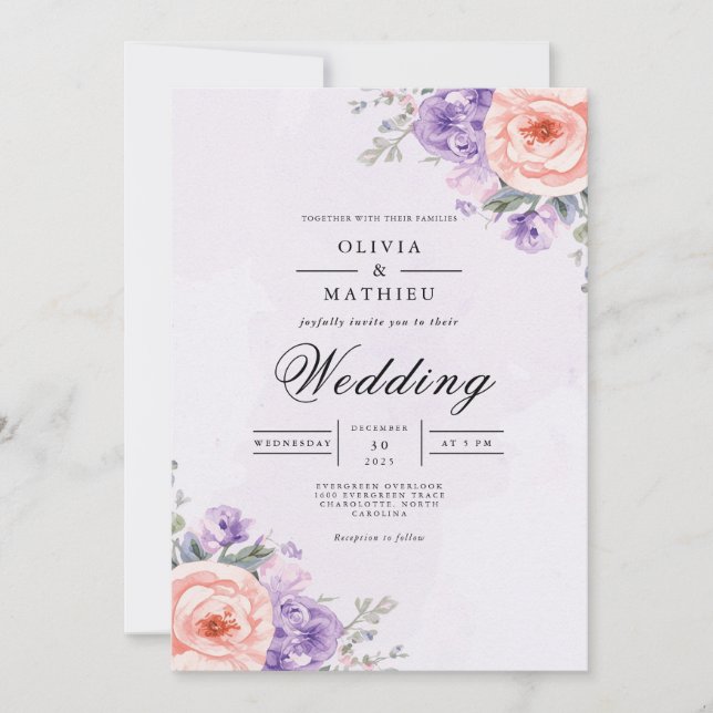 Lavender Peach Blossom Arch Wedding Invitation (Front)