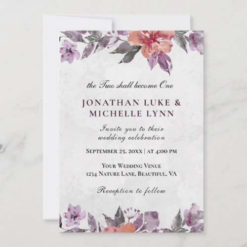 Lavender Peach Floral Watercolor Christian Wedding Invitation