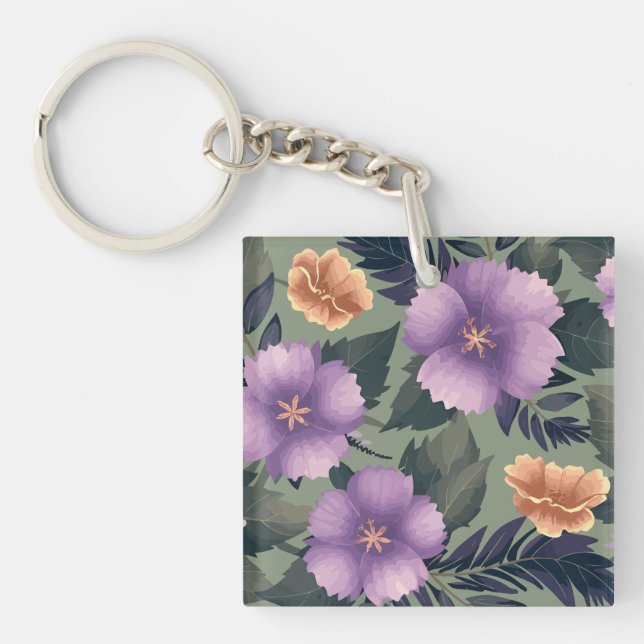 Lavender & Peach Flowers on Olive Green Background Keychain (Front)