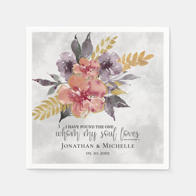 Lavender Peach Gold Floral Bible Verse Wedding Napkins (Front)