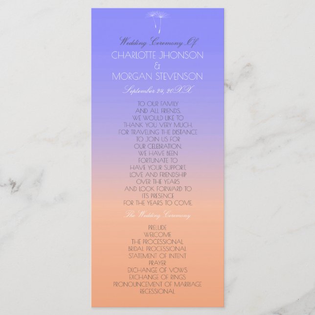 Lavender Peach Pastel Ombre Wedding Program (Front)