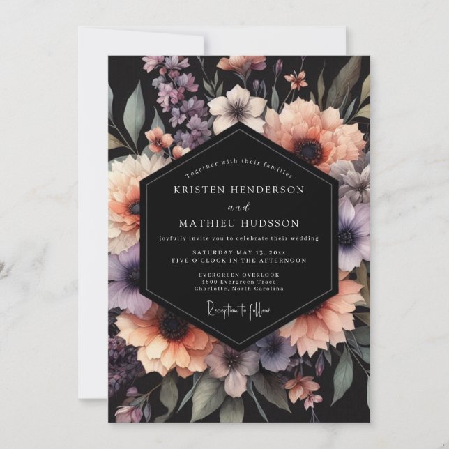Lavender & Peach Shadowy Bloom Wedding Invitation (Front)