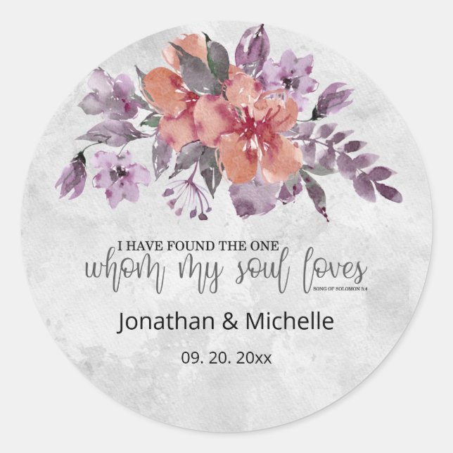 Lavender Peach Silver Floral Bible Verse Wedding Classic Round Sticker (Front)