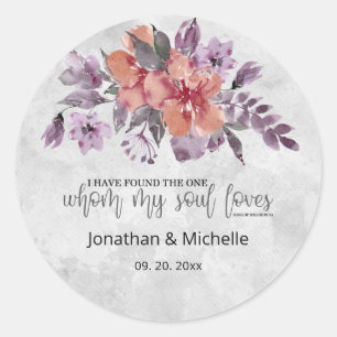 Lavender Peach Silver Floral Bible Verse Wedding Classic Round Sticker
