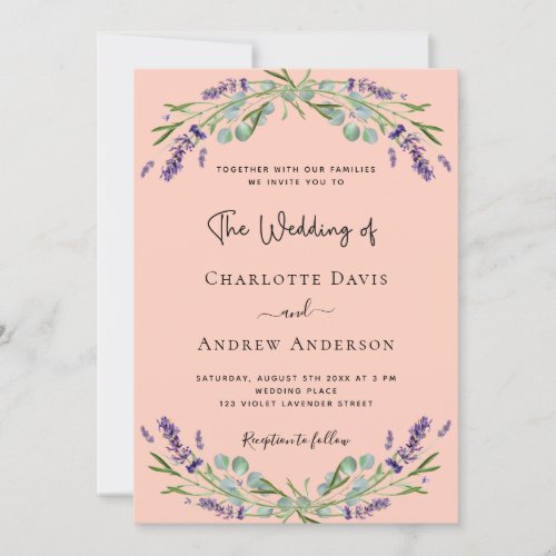 Lavender peach violet florals greenery wedding  invitation