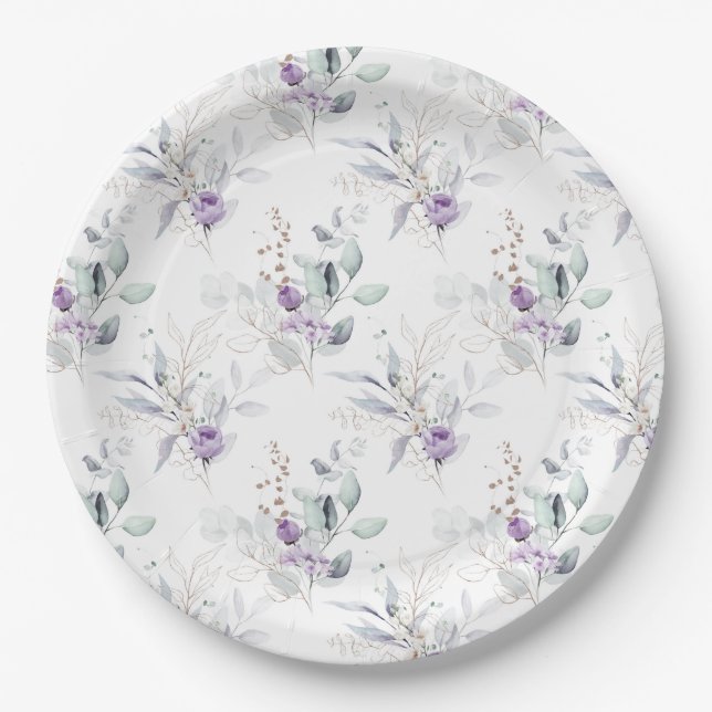 Lavender Peonies, Eucalptus Floral Wedding Paper Plates (Front)