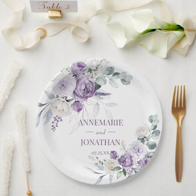Lavender Peonies, White Roses Floral Wedding Paper Plates (Creator Uploaded)