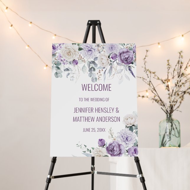 Lavender Peonies White Roses Wedding Sign (In Situ (Stand))