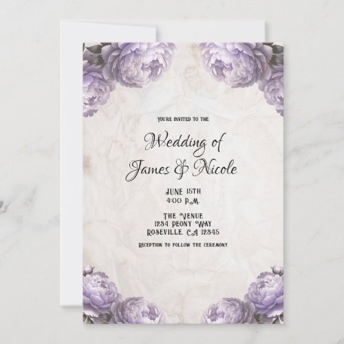 Lavender Peony Flowers Vintage Rustic Wedding  Invitation