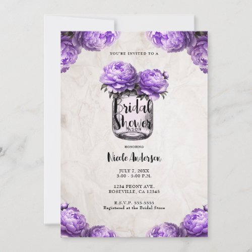 Lavender Peony Mason Jar Rustic Bridal Shower  Invitation