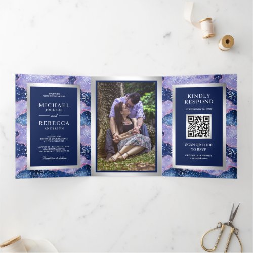 Lavender Periwinkle Agate Marble QR Code Wedding Tri_Fold Invitation