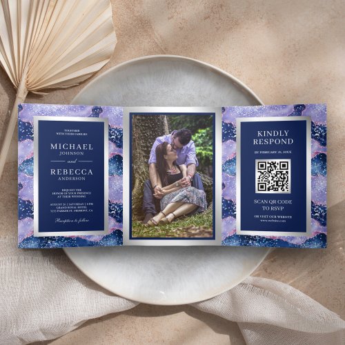 Lavender Periwinkle Agate Marble QR Code Wedding Tri_Fold Invitation