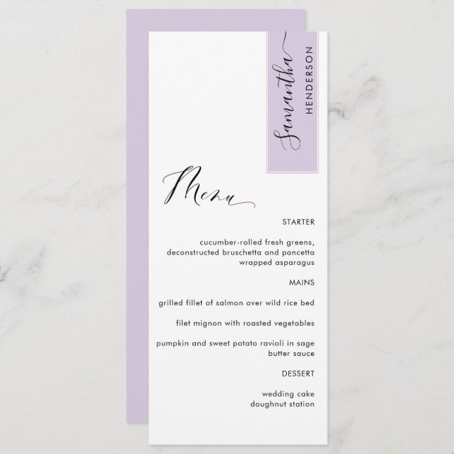 Lavender Personalized with Guest Name Elegant Menu (Front/Back)