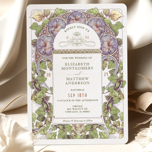 Lavender Petunia Vintage Wedding Art Nouveau Mucha Invitation
