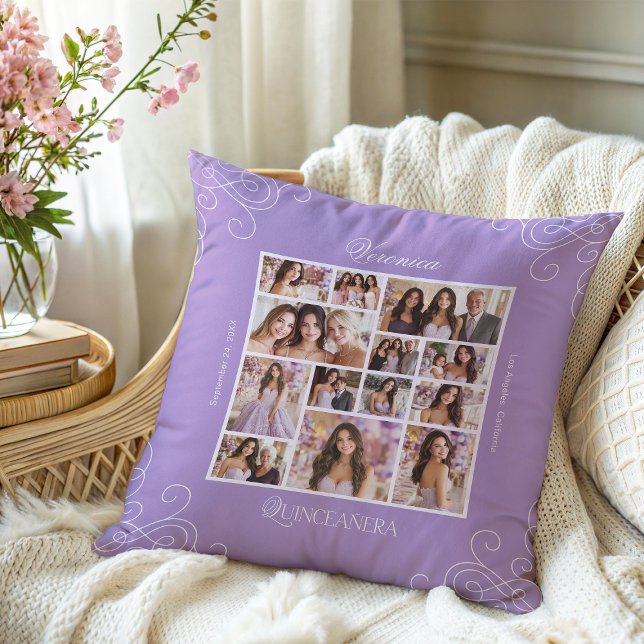 Lavender Photo Collage Keepsake Quinceanera Throw Pillow (Creator Uploaded)