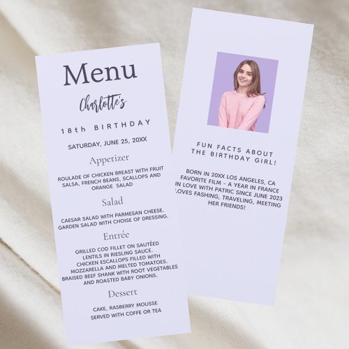 Lavender photo fun facts birthday menu card