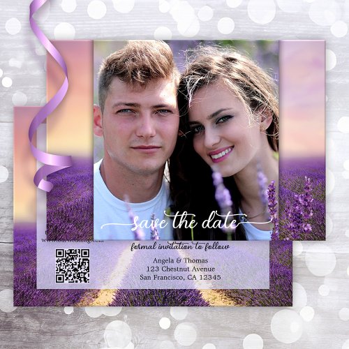 Lavender Photo QR Code Save the Date Card