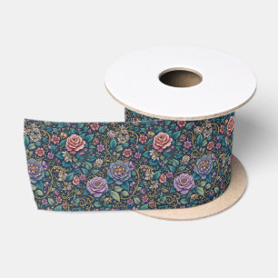 Lavender Pink and Teal Floral Satin Ribbon