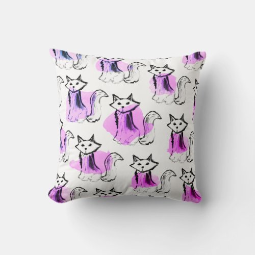 Lavender pink black watercolor brushstrokes cat  throw pillow