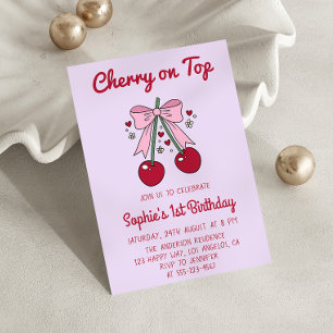 Lavender Pink Bow Cherry on Top 1st Birthday Invitation