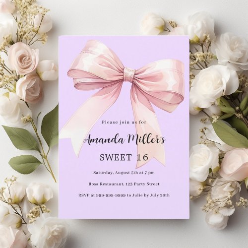 Lavender pink bow elegant Sweet 16 Invitation