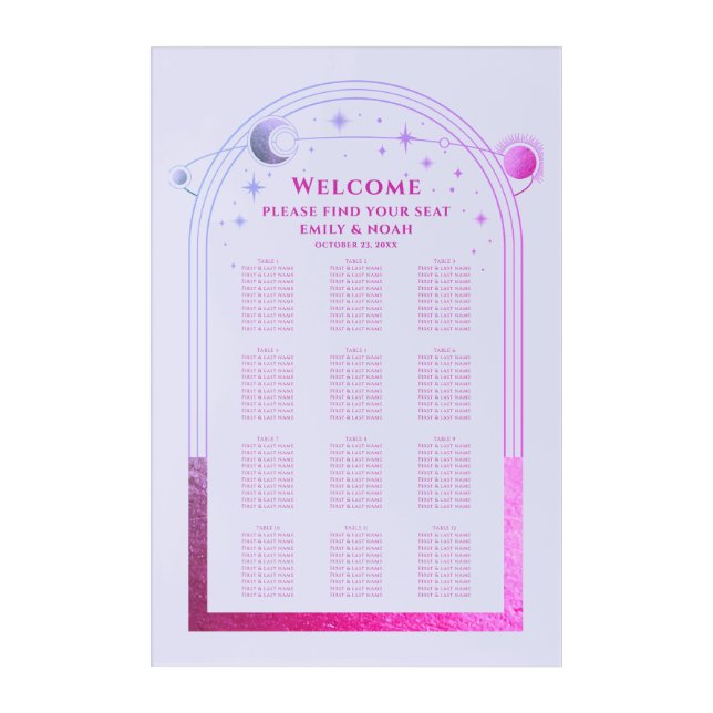 Lavender Pink Celestial Wedding Seating Chart Acrylic Print (Front)