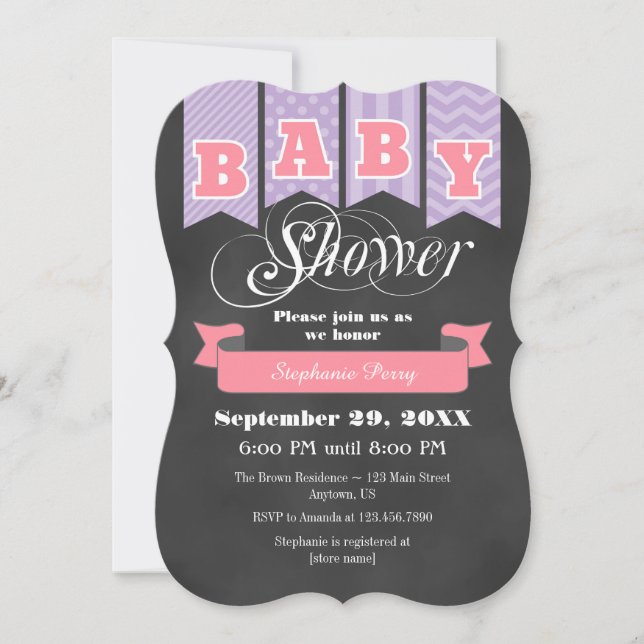 Lavender Pink Chalkboard Flag Baby Shower Invite (Front)