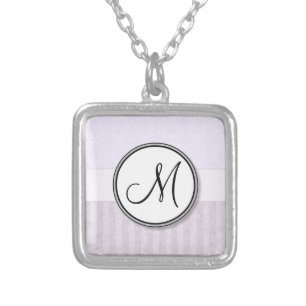 Lavender Pink Damask with Stripes and Monogram Silver Plated Necklace