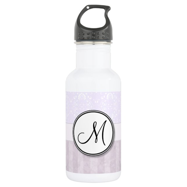 Lavender Pink Damask with Stripes and Monogram Water Bottle (Front)