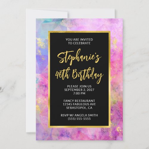 Lavender Pink Fire Opal Gold Glam 40th Birthday Invitation