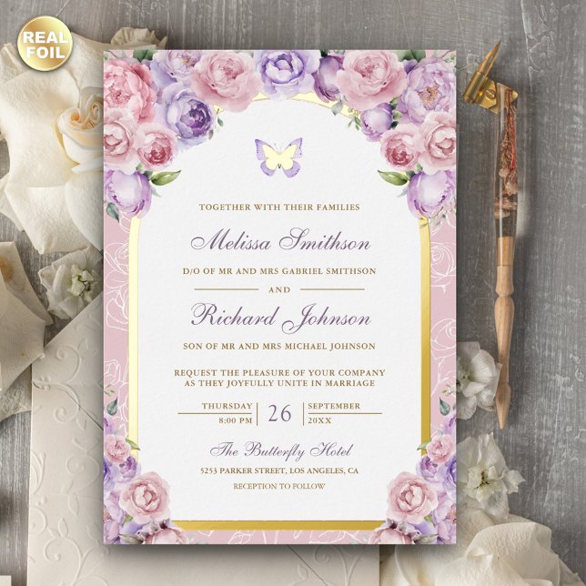 Lavender Pink Floral Arch Butterfly Wedding Gold Foil Invitation (Creator Uploaded)