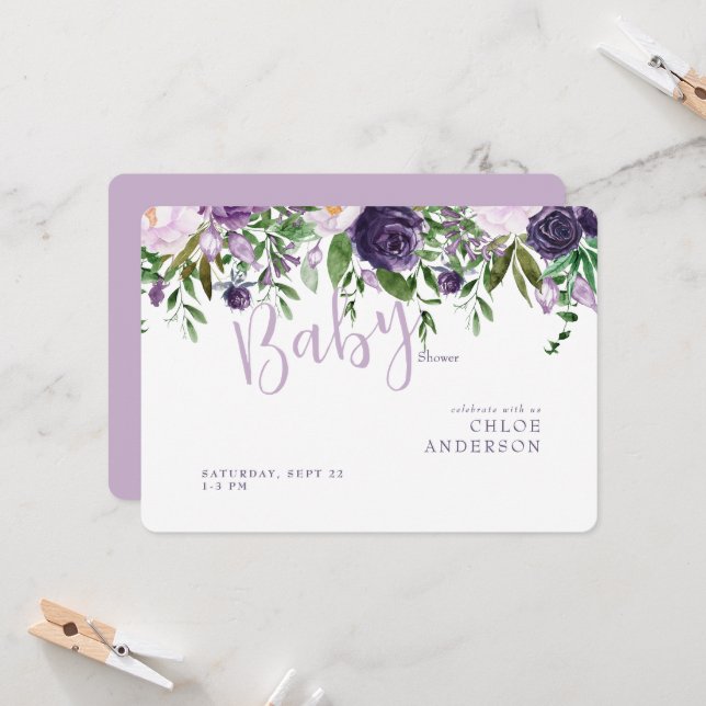 Lavender & Pink Floral Baby Girl Shower Invitation (Front/Back In Situ)
