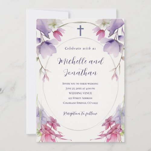 Lavender Pink Floral Bible Christian Cross Wedding Invitation