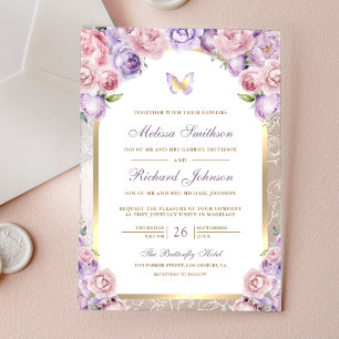 Lavender Pink Floral Gold Arch Butterfly Wedding Acrylic Invitations