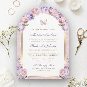 Lavender Pink Floral Gold Arch Butterfly Wedding Invitation