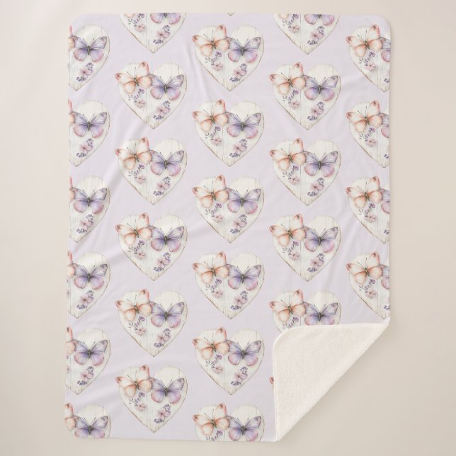 Lavender Pink Floral Heart Butterflies Birthday Sherpa Blanket (Front)