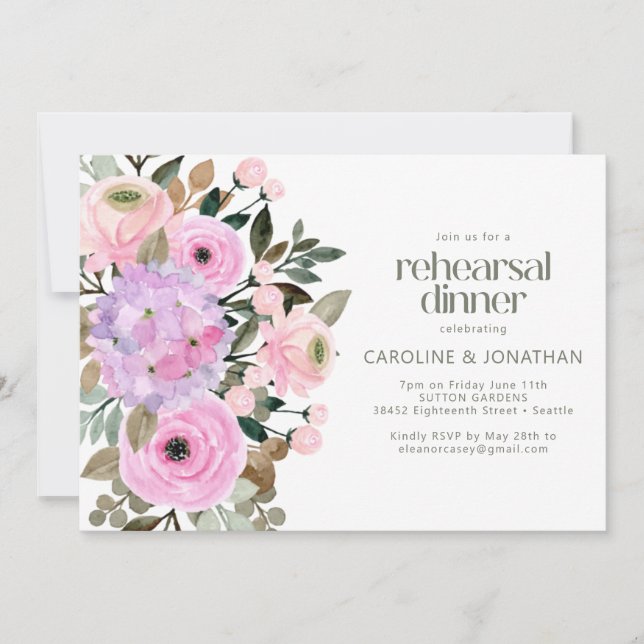 Lavender Pink Floral Watercolor Rehearsal Dinner Invitation (Front)