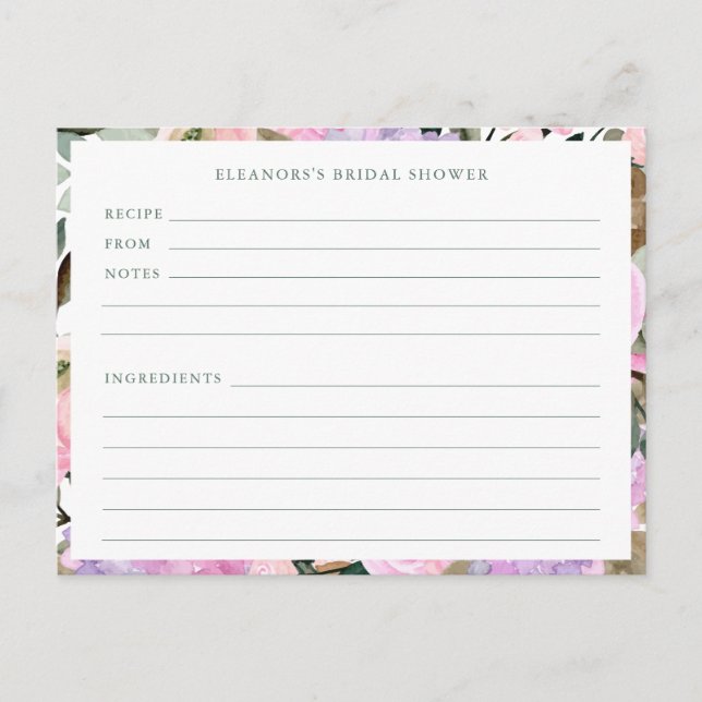 Lavender Pink Floral Watercolor Shower Recipe Card (Front)