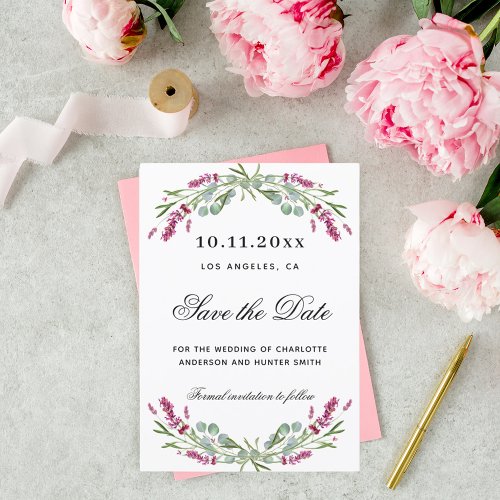 Lavender pink florals greenery wedding save the date